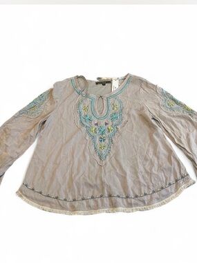 Love Stitch Taupe Embroidered Tunic with Teal & Yellow Accents